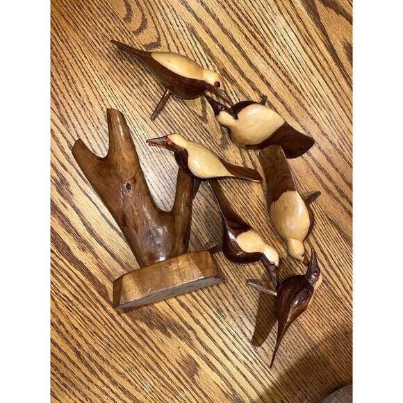 Hand Carved Folk Art Birds in a Tree Wood Statue Removable Birds MCM Vintage - Picture 10 of 11
